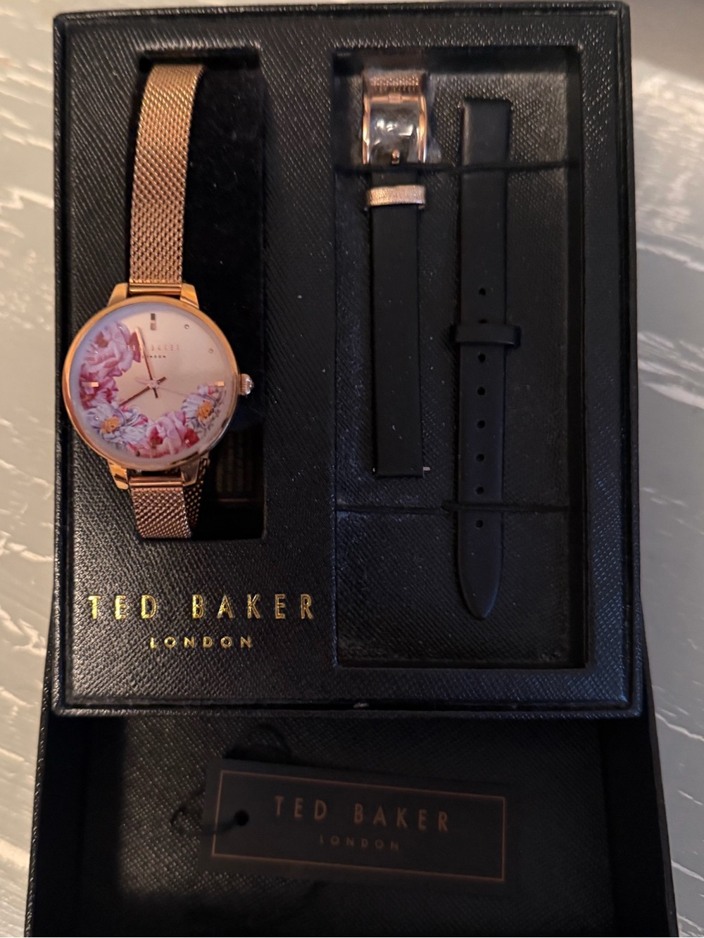 Ted Baker Rose Gold Floral Dial Watch with Black Strap